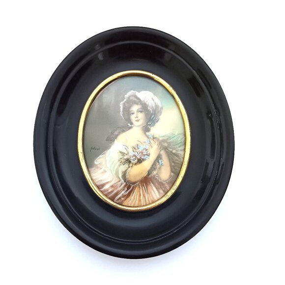 Antique Victorian Woman Miniature Porcelain Painting Wood Frame Signed Silver? - Picture 1 of 4